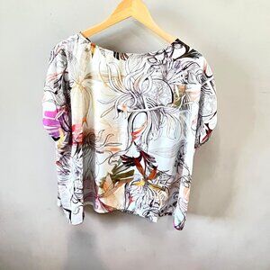 Bryn Walker Tropical Floral Watercolor Sketch Print Short Sleeve Blouse-‎ Size M